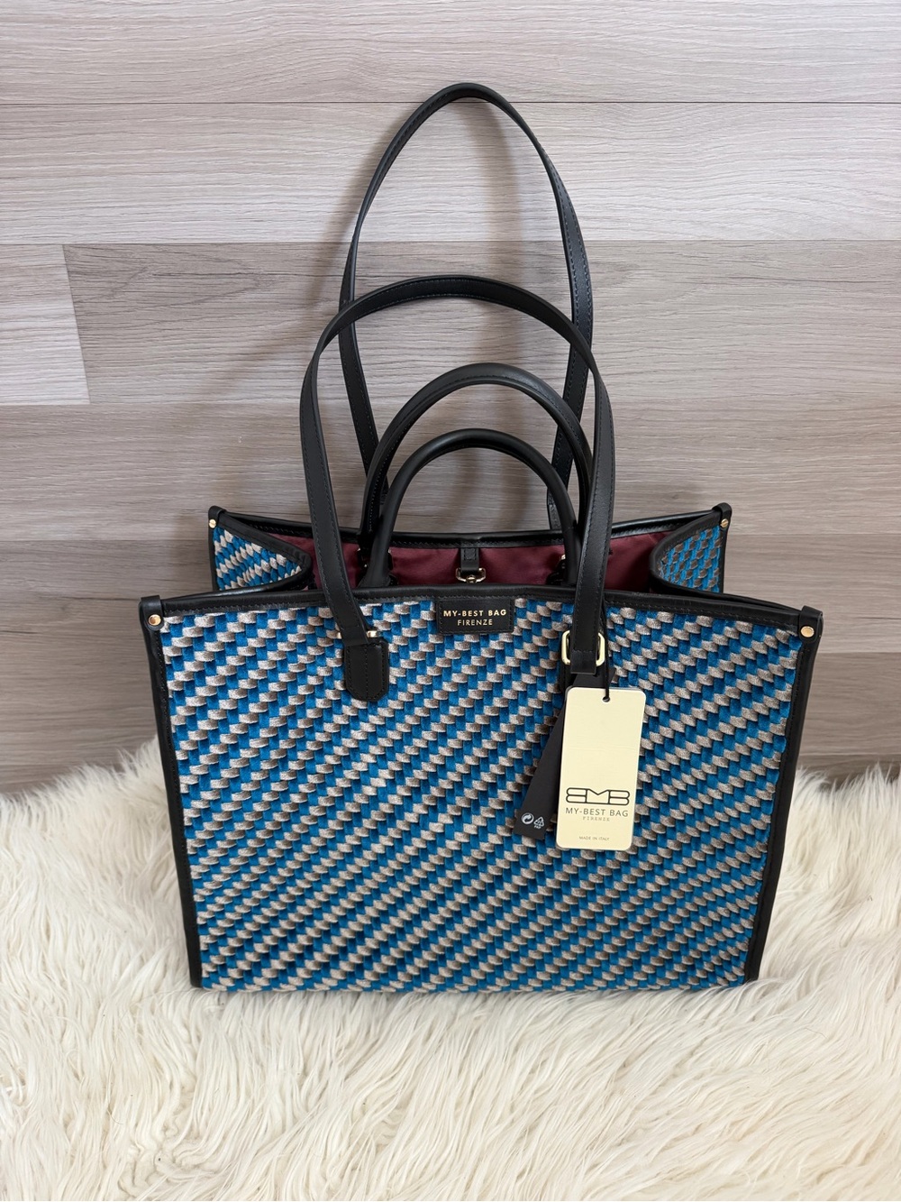 My-Best Bag Firenze Woven Velvet / Leather Tote Bag Removable Interior Pouch